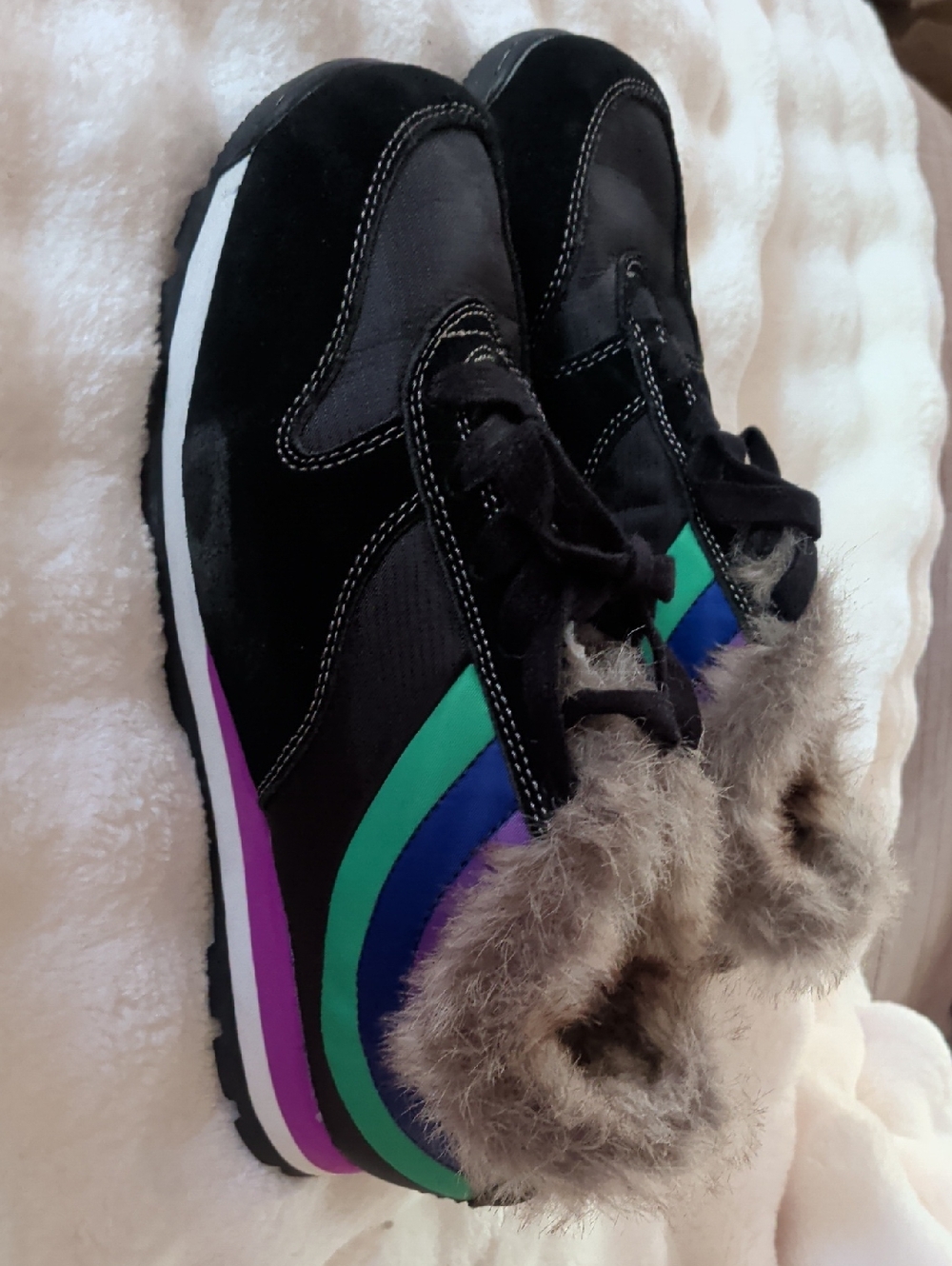 Bearpaw Black Fur-Trim Lined Sneaker with Color Stripe Accent